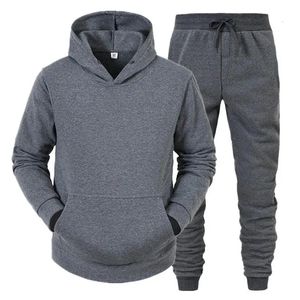 Casual Solid Color Tracksuit for Men Pullover Hooded Tops and Drawstring Pants Two Pieces Suits Fitness Jogging Sports Outfits 240124