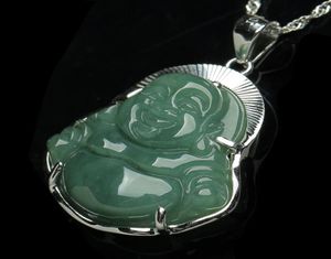 925 Pure Silverencrusta Jade Buddha Pendant Natural A Goods Myanmar Oil Emerald Male Halsband Women1623249