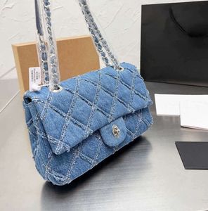 Designer cc sacos mulheres bolsa de ombro bolsas saco de aleta bolsa vintage azul escuro denim prata corrente hardware deve cintas luxo