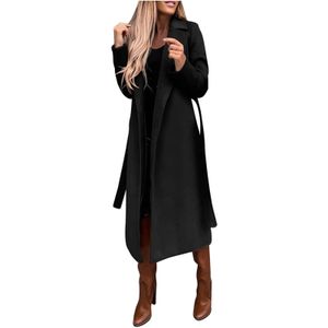 Women's Winter Woolen Coat Elegant Lapel Trench Solid Color Long Jacket Work Tie 240122