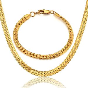 Punk Flat Snake Link Chain Set Male 14k Yellow Gold Necklace Bracelet Set For Men Vintage Jewelrys Sets