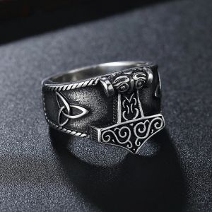 Vintage Viking Mjolnir Thors Hammer Ring Men Nordic 14k biały złoto Odin Celtics Węzeł Amulet Pierścień Biżuteria