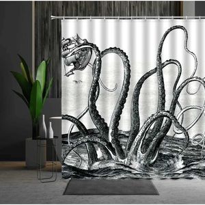 Shower Curtains Octopus Shower Curtains Marine Life Black White Tentacle Turtle Hippocampus Cartoon Animal Print Bathroom Decor Fabric Curtains