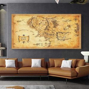 Dipinti Retro Mappa del Signore degli Anelli Pittura su tela Mappa vintage della Terra di Mezzo Poster Film Immagini di arte della parete per la decorazione della casa Soggiorno