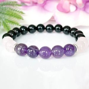 MG1887 8 MM Amethyst Rose Quartz Black Tourmaline Bracelet Womens Beaded Gemstone Energy Healing Crystals Jewelry