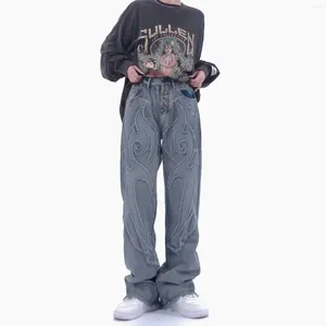 Męskie dżinsy streetwear retro haft haft y2k wysoką talię pranie proste dżinsowe spodnie z guzikami