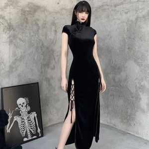 Ropa étnica Vintage Cheongsam Harajuku Negro Vendaje Chino Alto Dividido Vestido de terciopelo 2024 Qipao Gótico Mujeres Carnaval Up