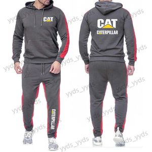 Tracksuits masculinos 2023 Primavera Outono CAT Caterpillar Impresso Cor Sólida Personalidade Esportiva Define Hoodies Com Capuz Masculino + Calça de Moletom Casual Ternos T240124