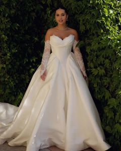 Plissado cetim princesa uma linha vestidos de casamento querida com renda manga vestido de noiva plus size gráfico vestido de casamento