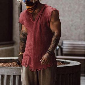 Men's Tank Tops Solid Color Casual Top Summer Sleeveless T-Shirt Individual Old Style Loose Type Ripped Edge V Neck Vest