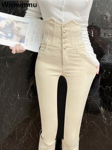 Super cintura alta estiramento jeans magros mulheres coreano botão fino voar lápis calças jeans design moda bege legging vaqueros 240123