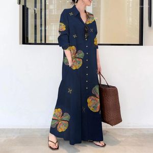 Etniska kläder tryckt lapel långärmade klänningar med fickor enkel lös konstnärlig casual skjorta klänning mode musulman abaya jubba thobe