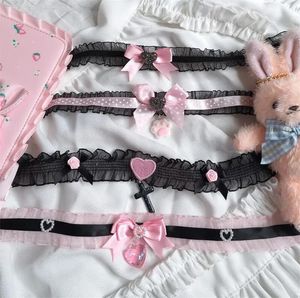 Necklaces Sweet Heart Gothic Pink Blakc Lace Cross Bownot Choker Lolita Maid Cosplay Women Necklace D736