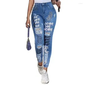 Women's Jeans Fashion Alphabet Print Stretch Leg Pencil Women Trend Broken Holes Denim Pants Female Slim Mid Waist Button Chic Trousers