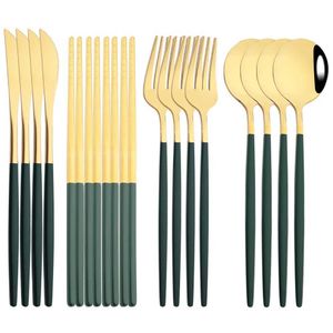 Cucina da campo 12-16 pezzi Bacchette Coltello Forchetta Cucchiaio Set di posate Set di stoviglie in oro verde Set di posate in acciaio inossidabile di lusso Set di stoviglie coreano YQ240123