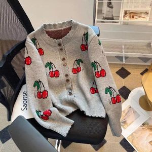 Women's Knits Korean Fashion Spring Cherry Jacquard Sweater Women Single Breasted Knitted Cardigan Top 2024 Outerwear Casual Knitwear Coat