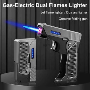 Tändare 2 i 1 Jet Flame Lighter Windproect Creative Foldble Gun Plasma Dual Arc Lighter Butane Torch Turbo Cigar Lighter Roliga Män gåva YQ240124