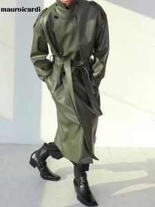 Mauroicardi primavera outono longo oversized armygreen preto falso couro trench coat homens faixas soltas roupas de grife luxo 240119