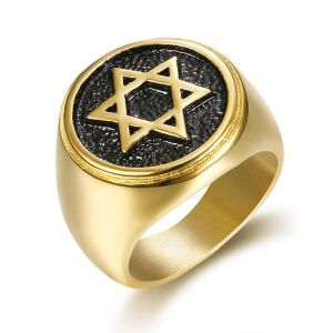 Yahudilik Hexagram David Rings Yıldızı 14K Sarı Altın Erkek Yüzük İsrail Yahudi Takı Doğum Günü Hediyesi