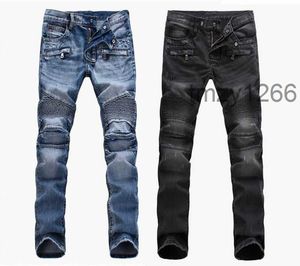 Moda Uomo Commercio Estero Azzurro Nero Jeans Pantaloni Motociclista Uomo Lavaggio per fare i vecchi pantaloni Piegati Casual Runway Denim 0EHE