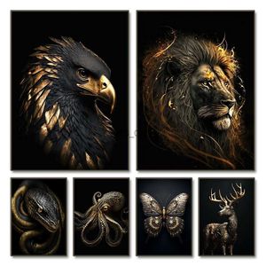 Pinturas Black Gold Eagle Lion Canvas Pintura Metal Poster Arte Nordic Cervos Tigre Lobo Cisne Estética Imagem para Sala de estar Decoração