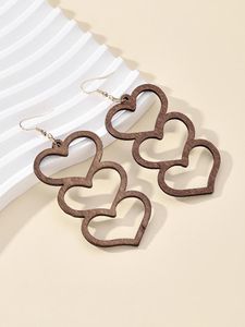 Brincos pendurados em formato de coração múltiplo, madeira vazada, joias da moda coreana, presente para orelha