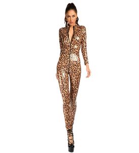 Catsuit Costumesessexy Leopard Print Bodysuits Wetlook Faux Skórzana Catsuit Zapip Otwarty Kroczek Koszyk klubowy fetysz erotyczny biegun 8832478