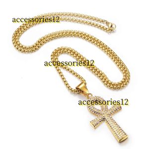 Hänghalsband egyptiska isade ut ankh korshänge halsband för kvinnor män gyllene färg 14k gula guldkedjor hiphop forntida Egypten smycken hög kvalitet 2024
