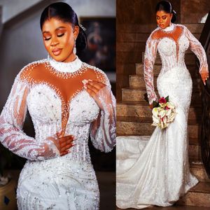 2024 árabe aso ebi plus size marfim sereia renda vestido de casamento frisado cristais lantejoulas rendas vestidos de noiva zj045