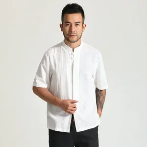 Men's Casual Shirts Chinese Vintage Style Men Linen White Black Blue Short Sleeve Tops Mandarin Collar Shirt Male Leisure Cosy Clothes 2024