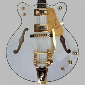 Semi-hollow jazz electric guitar, double output mahogany fingerboard, large tremolo bridge, fast transport, six strings