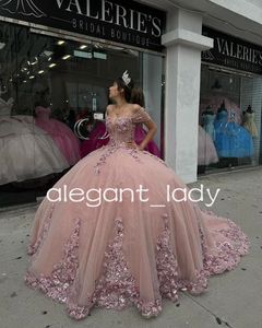 Gül pembe ışıltılı prenses quinceanera omuz kapalı 3d çiçek aplike korse vestidos de xv anos 2024 tatlı 15 balo elbisesi