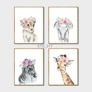 Schilderijen Dieren Bloemen Kroon Art Decor Canvas Schilderij Baby Meisje Prints Dier Giraffe Olifant Leeuw Wall Art Foto Kinderkamer Poster