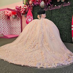 Blowly Pink Off the ramię księżniczka suknia balowa Quinceanera sukienki 2024 Aplikacje koronkowe ukochane cekinowe vestidos de 15 anos