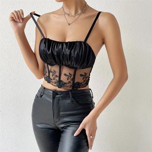 Camisoles Tanks Women's Lace Sexy Corset Crop Top Mesh Hollow Strap Tube Floral Embroidery Camisole for Girls Fashion High Streetwear 2024