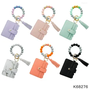 Keychains Fashion Jewelry Women Silicone Bead PU Bracelet Card Wallet Holder Keychain Tassel Bracelets Key Chain