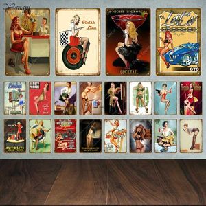 Metallmalerei Lucky Pin Up Girl Blechschilder Sexy Lady Metallplakette Wanddekoration für Bar Pub Club Home Room Poster Retro Metallmalerei YA032