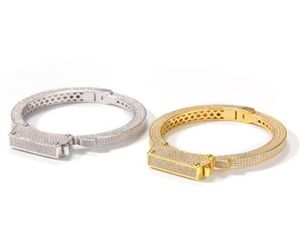 ヒップホップaaa cubic zirconia paved bling ice out open link cuff bangle men women gold color lover handcuff braceletsラッパージュエリー39179628