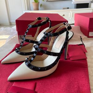Women Sandals High Heel Shoes 6cm 8cm 10cm Thin Heels Two Belts Pointed Toe Genuine Leather Black Nude White Red Rivets Wedding Shoes with Dust Bag 34-44