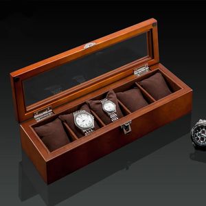 5 slots Wood Watch Organizer med glas lyxiga fall förvaringslåda Fashion Holder för män Display 240119