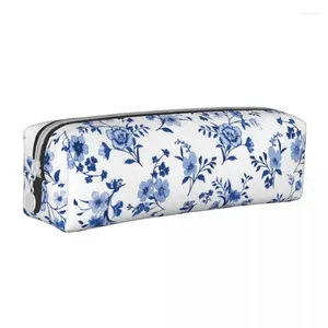 Cosmetic Bags Blue Floral Pattern Pencil Case Vintage Flowers Pen Box Bag Student Big Capacity School Supplies Gift Pencilcases