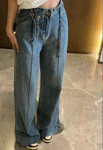 Kadınlar kot pantolon enfes rhinestone zincir kemer yüksek bel zayıflama gevşek büyük boy geniş bacak pantolon bahar denim pantolon