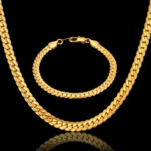 Punk Flat Snake Link Chain Set Male 14k Yellow Gold Necklace Bracelet Set For Men Vintage Jewelry Sets