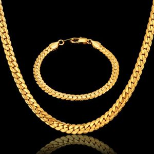 Punk Flat Snake Link Chain Set Männlich 14K Gelbgold Halskette Armband Set für Männer Vintage Schmucksets Sets