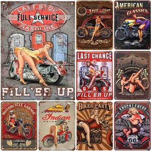 Pittura su metallo Ragazze Pin Up Targhe in metallo per motociclette Garage per motori Targhe in metallo vintage rosse e nere per caffè Bar Pub Negozio Decorativo da parete