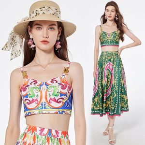 Sıradan Tatil Plaj Elbise Setleri Paisley Floral Askı Top ve Fit Maxi Etek Vintage Zarif Kadın Tasarımcı Parti İki Parça Set Yaz Tatil Kadın Giysileri