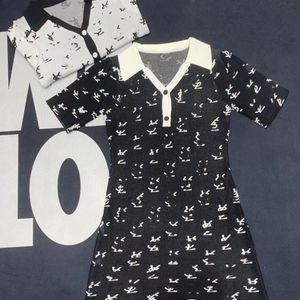 Women's new design logo letter print short sleeve turn down collar knitted slim waist dress SML