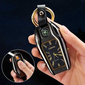 Lighters Metal Multifunctional Keychain Real Watch Tungsten Wire Ignition USB Charging Lighter Outdoor Compass Emergency Lighting Gadgets YQ240124