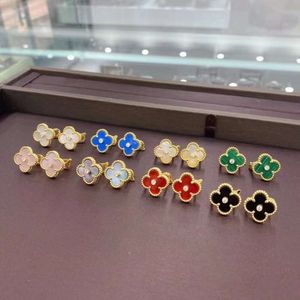 Van Clover High version Golden Four Leaf Grass Ear Studs Female White Fritillaria Red Chalcedony Diamond Ear Patches Color Protection Allergy Preventi