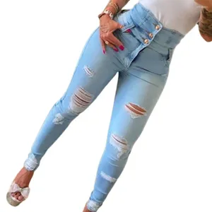 Women's Jeans Womens Bodycon Trousers Buttons Pockets Shaping Distressed Women Ripped Hole Tassel High Waist Denim Pants Streetwear